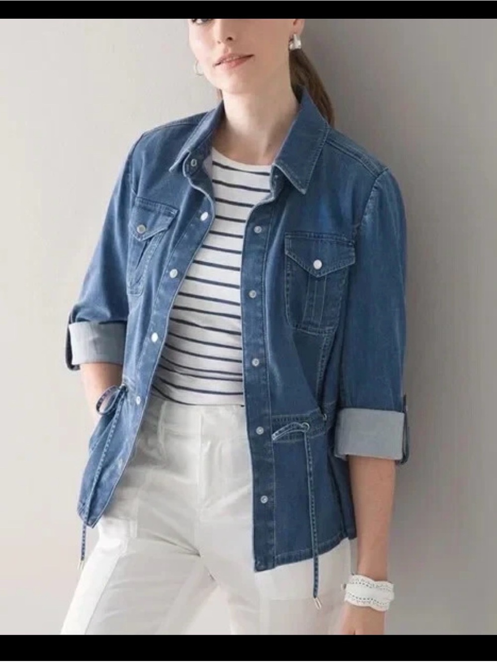 White House Black Market Washed Blue Denim Utility Jacket